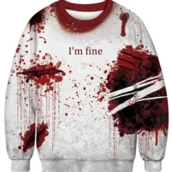 Costumescenter Crew Neck Long Sleeve Bloody Wound Print Halloween Sweatshirt Ruby