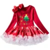 Costumescenter Long Sleeve Bowknot Christmas Tree Snowflake Print Kids Girls Dress Red