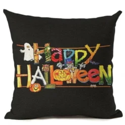 Costumescenter Funny Cartoon Ghost Print Happy Halloween Throw Pillow Cover Black