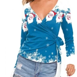 Costumescenter Sexy Wrap Santa Print Blouse Blue Christmas Tops