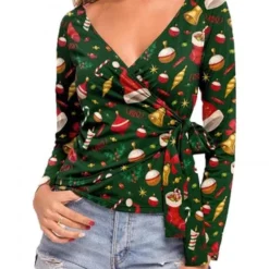 Costumescenter Sexy V Neck Tied Christmas Blouse Green