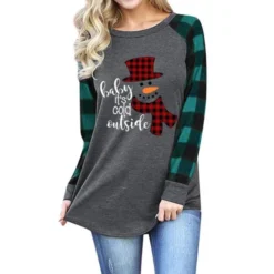Costumescenter Plaid Long Sleeve Round Neck Snowman Shirt Christmas Tops
